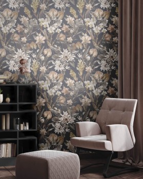 wallpaper flowers and leaves black 1510