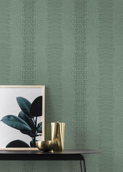 non-woven wallpaper crocodile skin look green 347772