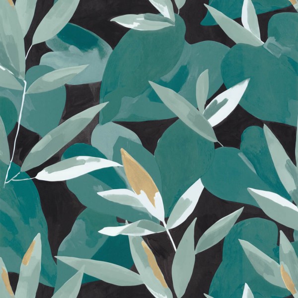 Painted plant motifs wallpaper dark green black Caselio - Imagination IMG102157394