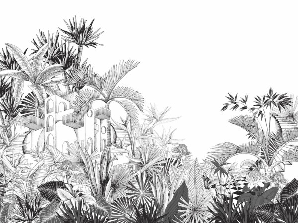 Grau/weißes Wandbild Gartenhausoptik Tropical House Rasch 688153