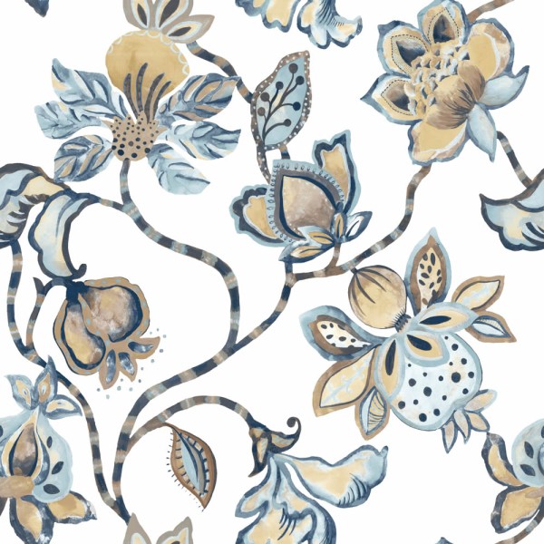 Tropical flowers vinyl wallpaper cream and blue Materika Rasch Textil 327023