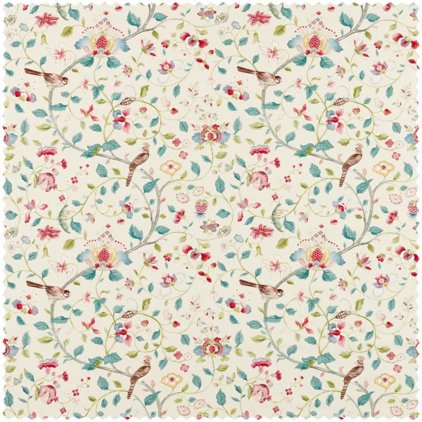 Birds, beetles and leaf tendrils cream furnishing fabric Sanderson Arboretum 227067